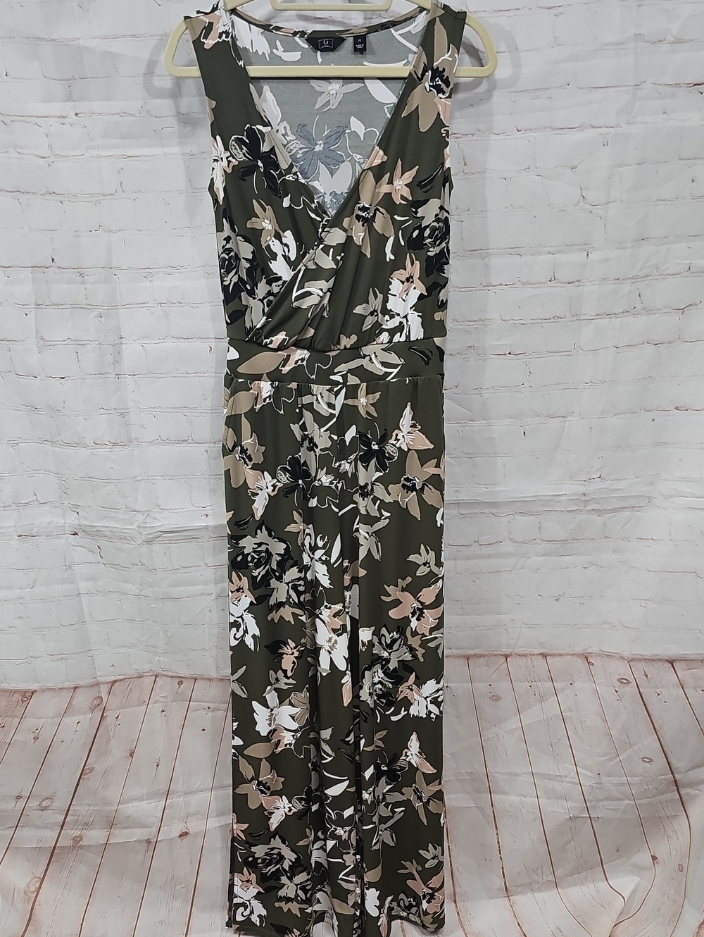 G by Giuliana Olive Floral Sleeveless Wrap Jumpsuit
